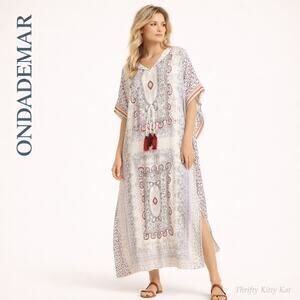 OndadeMar Rarotonga Maxi Caftan Tassel Tie Border Print Ivory Plum Resortcore OS